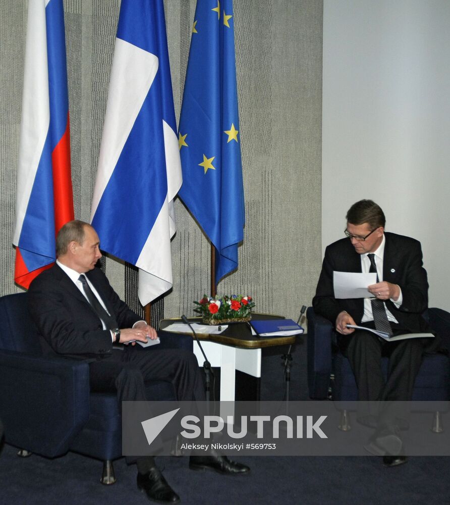 February 10, 2010. Russian Prime Minister Vladimir Putin, left, meeting with Finnish Prime Minister Matti Vanhanen, right, during his visit to Helsinki. Location: Finland, Helsinki. Author: Aleksey Nikolskyi/Sputnik. Meeting of Russian and Finish prime ministers