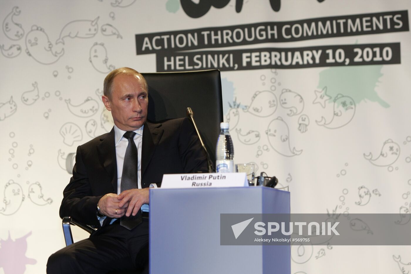 February 10, 2010. Russian Prime Minister Vladimir Putin speaking at the plenary meeting of the Baltic Sea Action Summit 2010 during his visit to Helsinki. Location: Finland, Helsinki. Author: Aleksey Nikolskyi/Sputnik. Vladimir Putin speaks at Baltic Sea Action Summit 2010