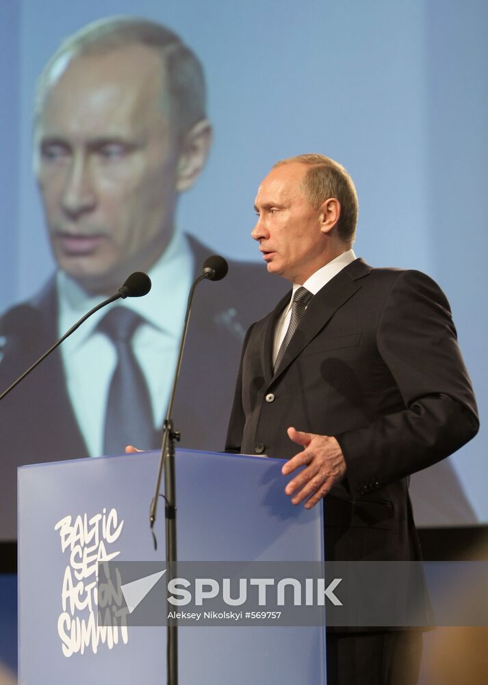 February 10, 2010. Russian Prime Minister Vladimir Putin speaking at the plenary meeting of the Baltic Sea Action Summit 2010 during his visit to Helsinki. Location: Finland, Helsinki. Author: Aleksey Nikolskyi/Sputnik. Vladimir Putin speaks at Baltic Sea Action Summit 2010