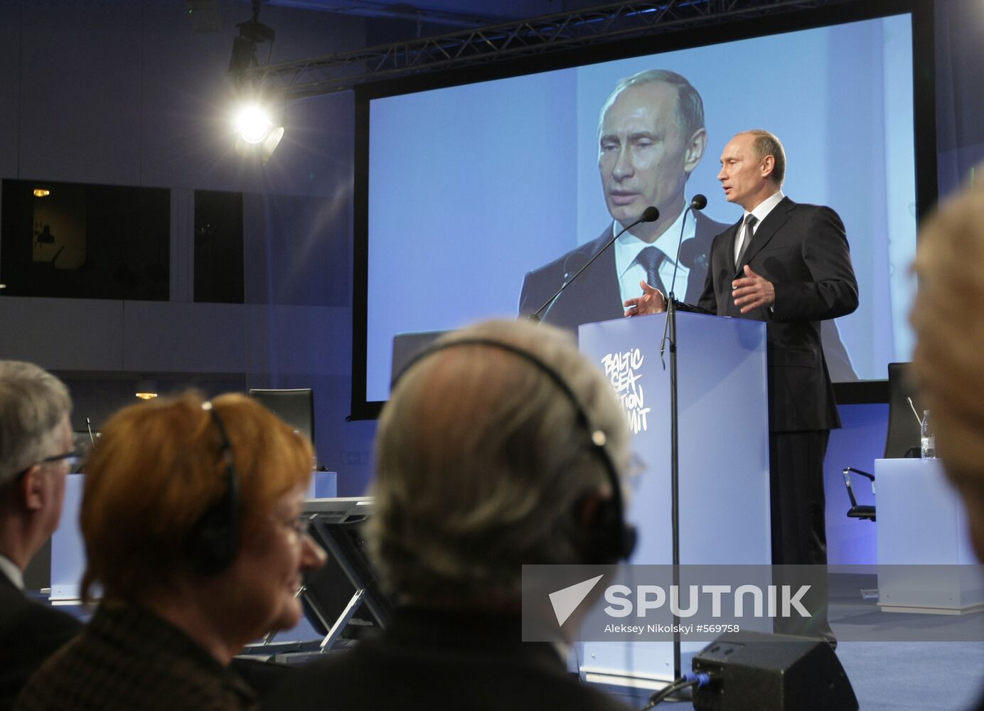 February 10, 2010. Russian Prime Minister Vladimir Putin speaking at the plenary meeting of the Baltic Sea Action Summit 2010 during his visit to Helsinki. Location: Finland, Helsinki. Author: Aleksey Nikolskyi/Sputnik. Vladimir Putin speaks at Baltic Sea Action Summit 2010