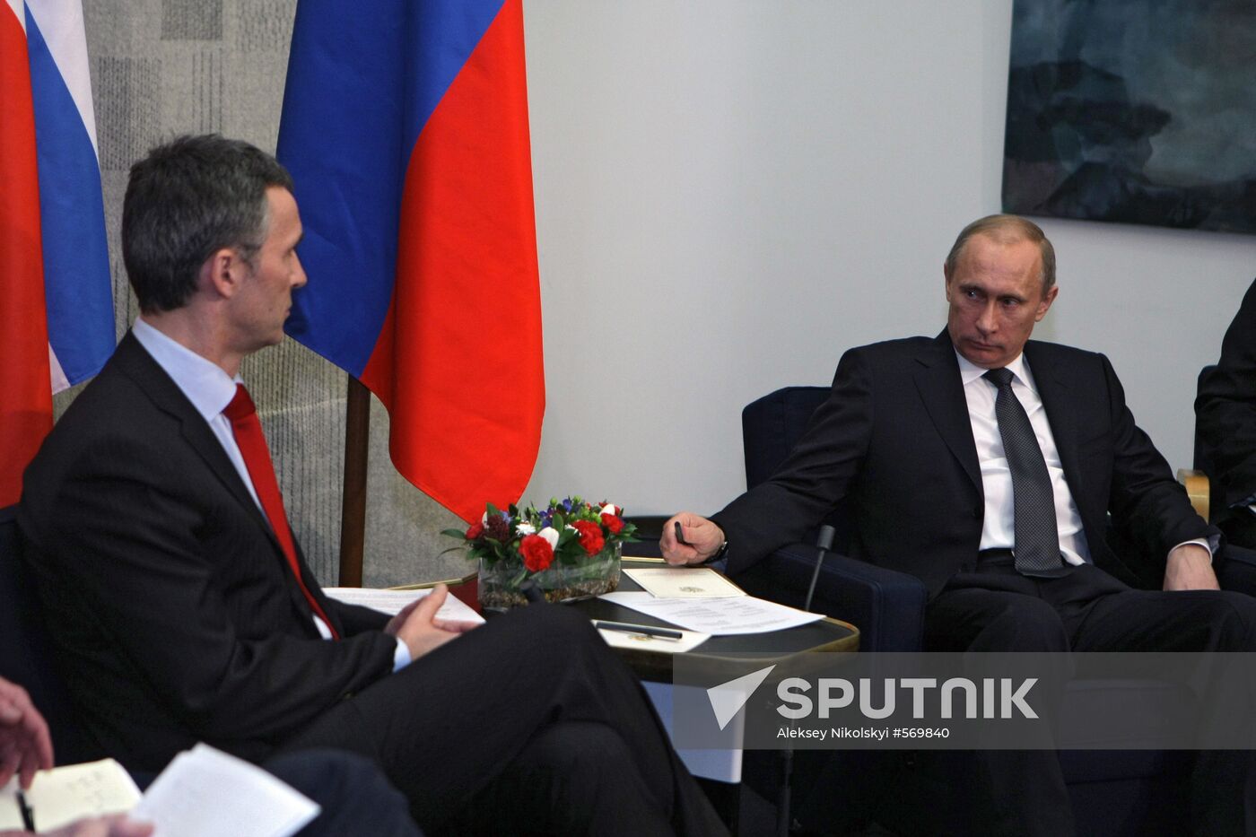 February 10, 2010. Russian and Norwegian Prime Ministers Vladimir Putin, right, and Jens Stoltenberg, left, during the bilateral meeting in Helsinki. Location: Finland, Helsinki. Author: Aleksey Nikolskyi/Sputnik. Meeting of Russian and Norwegian prime ministers
