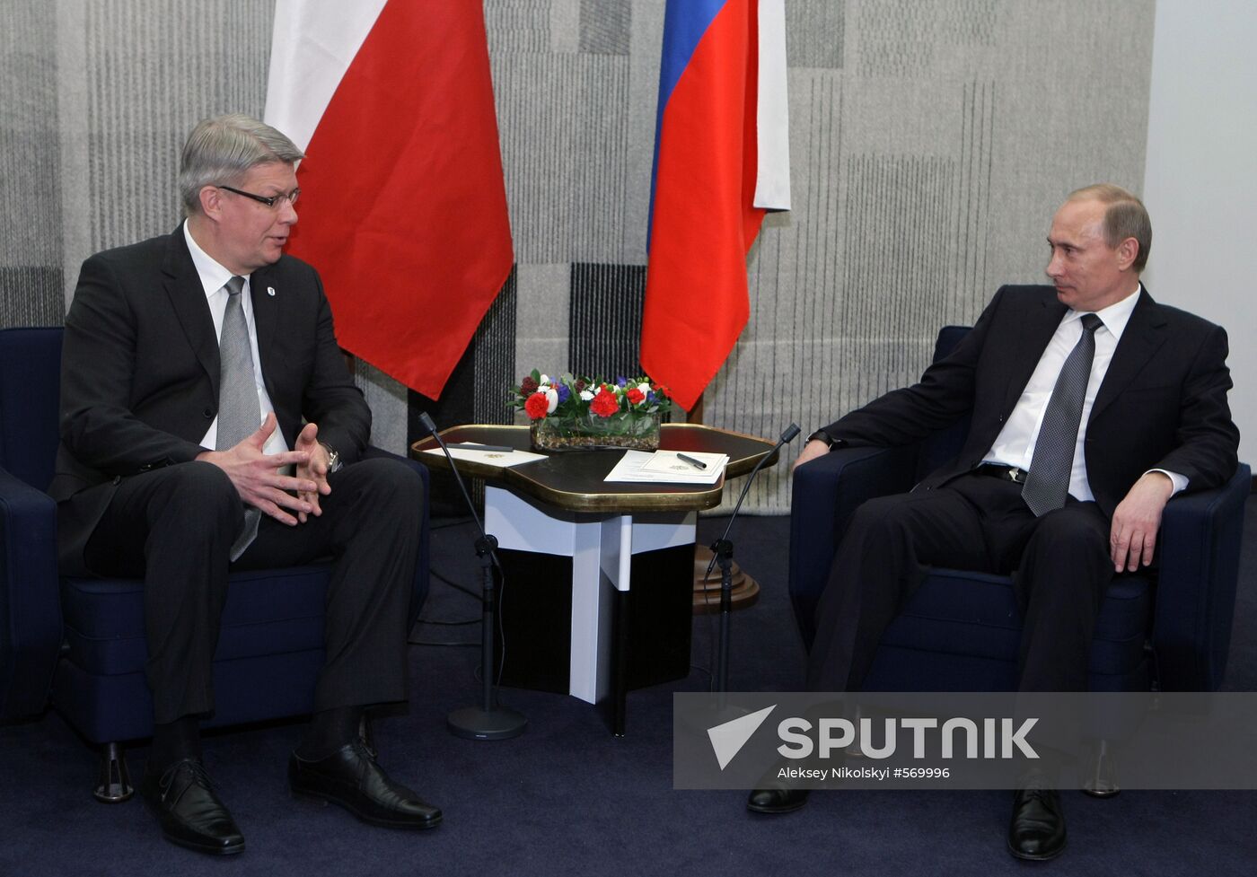February 10, 2010. Russian Prime Minister Vladimir Putin, right, meeting with Latvian President Valdis Zatlers, left, during his visit to Finland. Location: Finland, Helsinki. Author: Aleksey Nikolskyi/Sputnik. Vladimir Putin meets with Latvian president