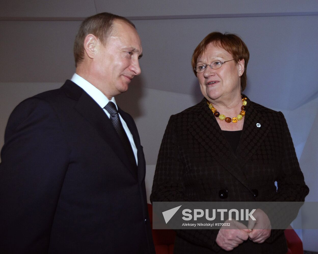 February 10, 2010. Russian Prime Minister Vladimir Putin meeting with Finnish President Tarja Halonen during his visit to Finland. Location: Finland, Helsinki. Author: Aleksey Nikolskyi/Sputnik. Vladimir Putin meets with Finnish president