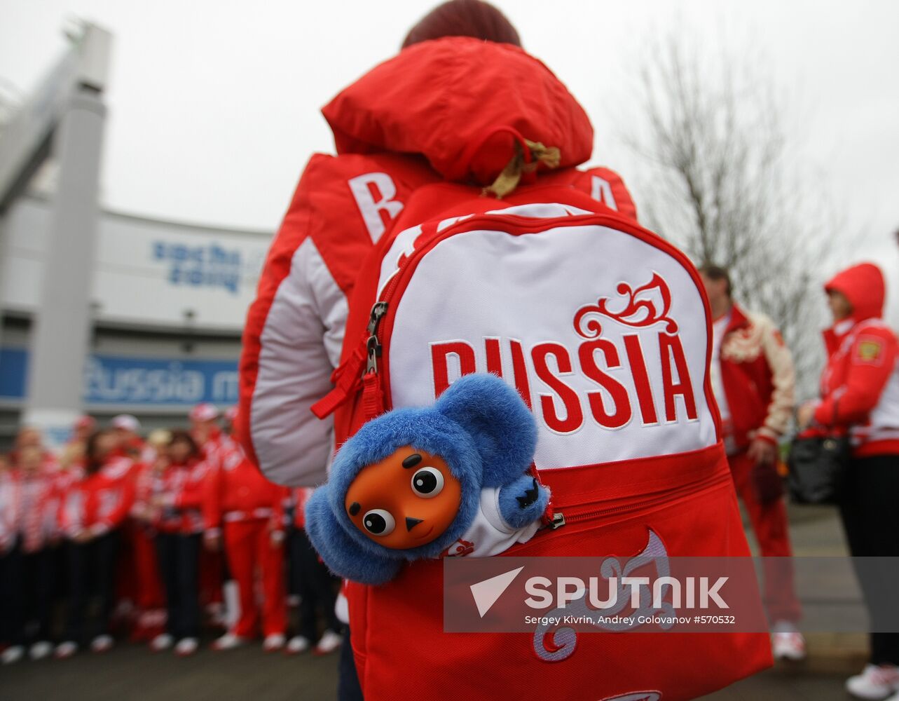Cheburashka (foreground), a charm of the Russian Olympic team