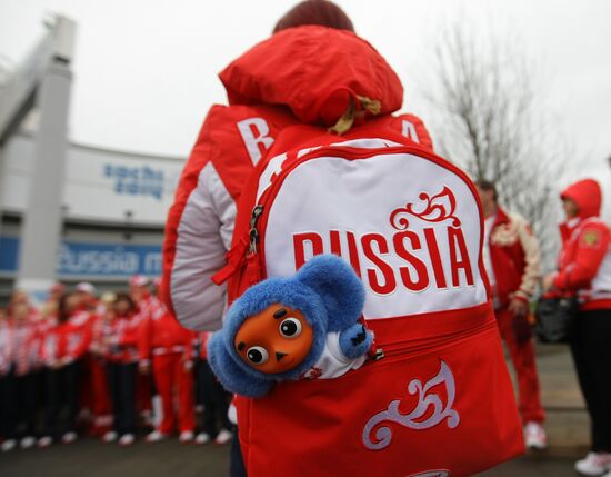 Cheburashka (foreground), a charm of the Russian Olympic team