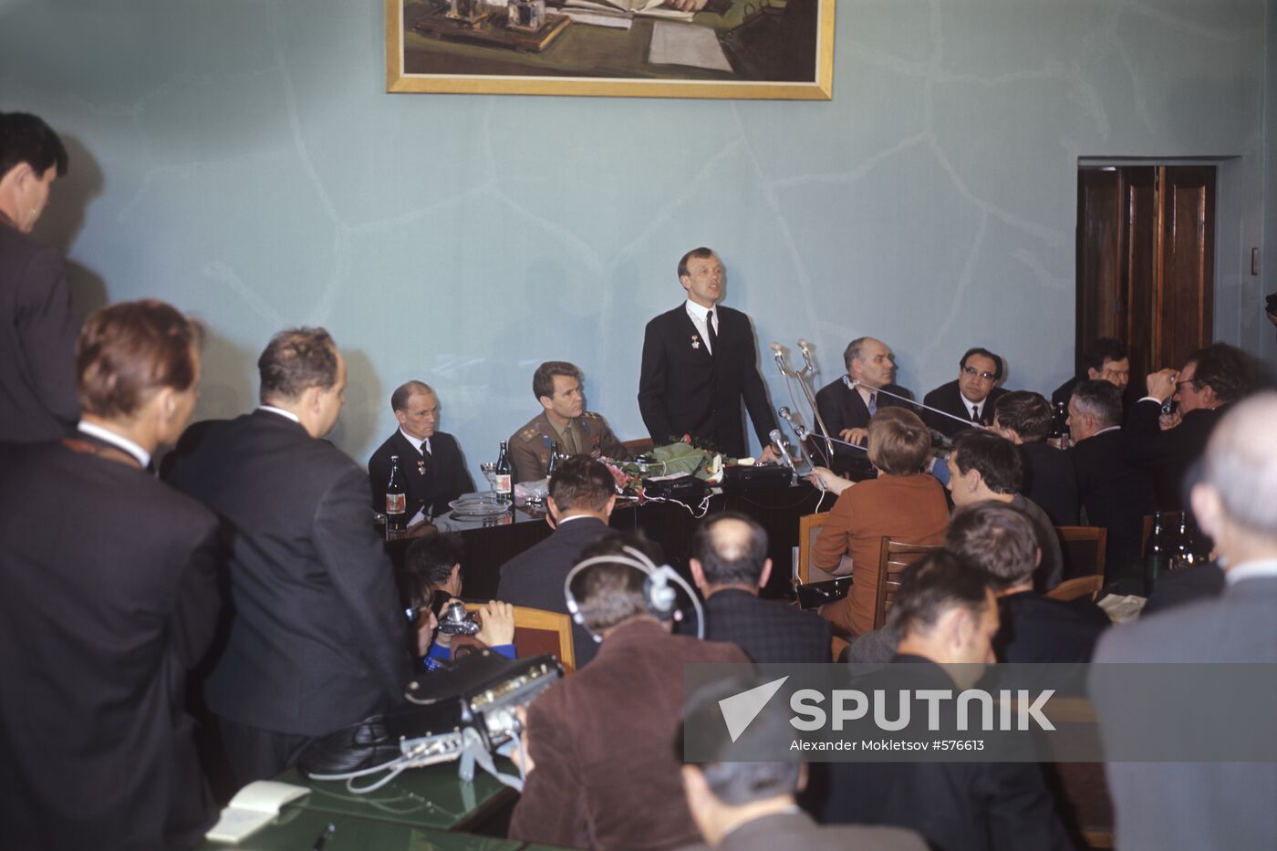 Crew members of space ship Soyuz-10 at news conference