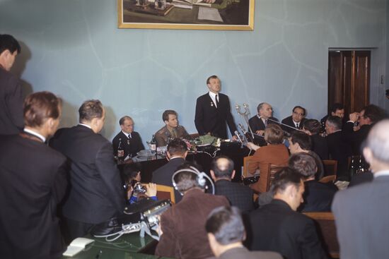 Crew members of space ship Soyuz-10 at news conference