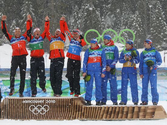 Winners of biathlon men's relay
