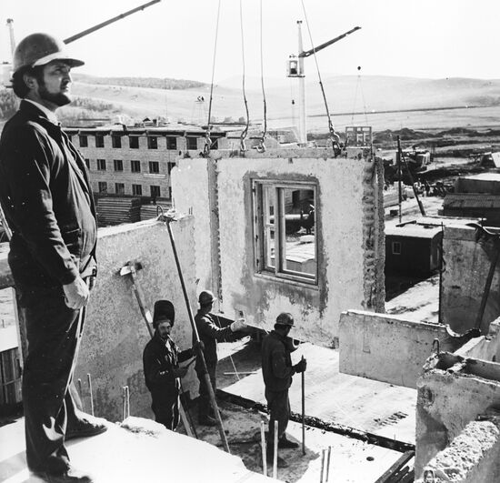 Soviet specialists building a new house