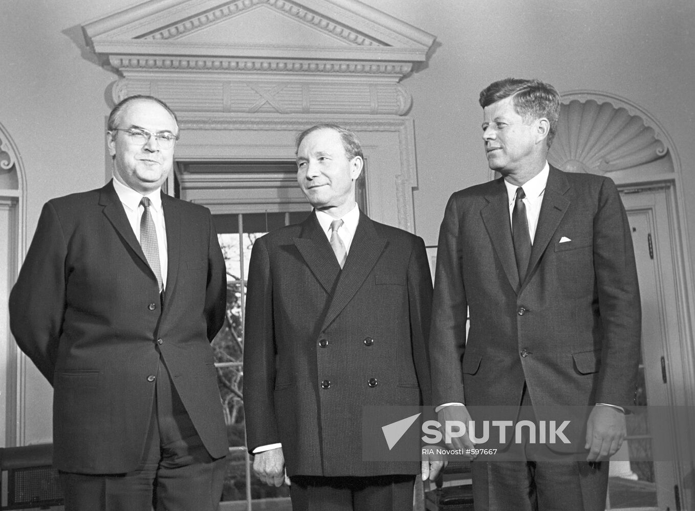 A. Dobrynin, V. Kuznetsov, and J. Kennedy at White House
