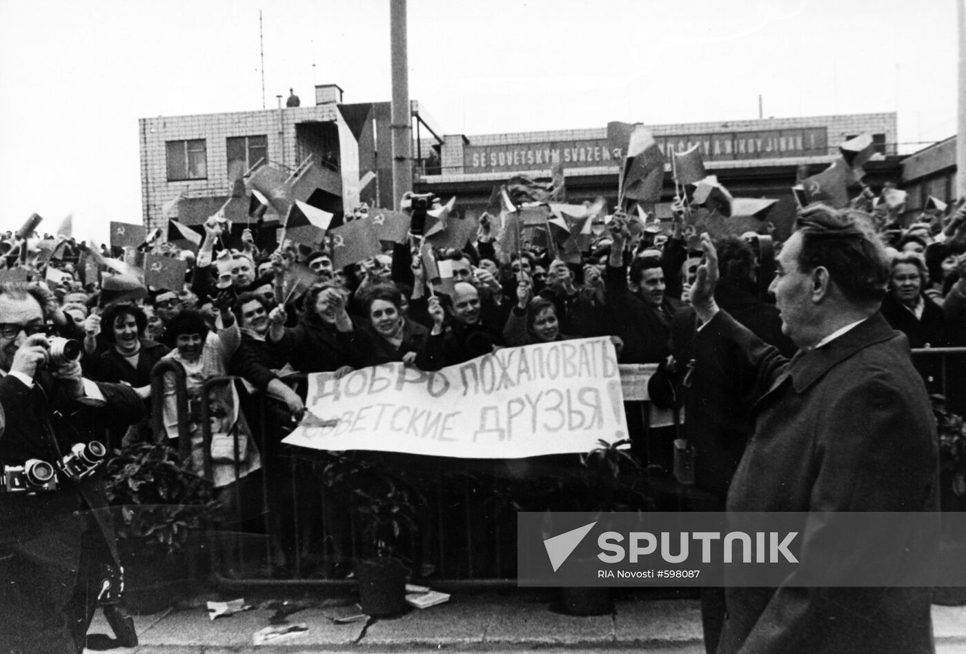 Prague residents greeting Soviet delegation