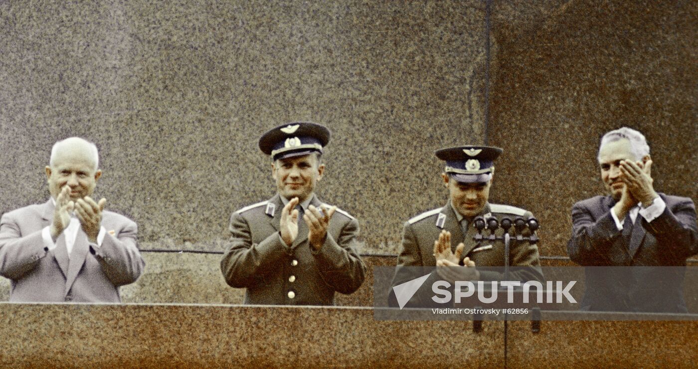 Nikita Khrushchev, Pavel Popovich, Andriyan Nikolayev and Frol Kozlov on the Lenin Mausoleum rostrum