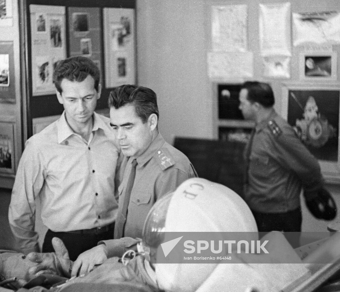 Pilots-Cosmonauts Andriyan Nikolayev and Vitaly Sevastyanov at the museum of the Baikonur space center