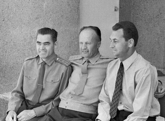 Cosmonauts Andriyan Nikolayev and Vitaly Sevastyanov with Colonel General Nikolai Kamanin