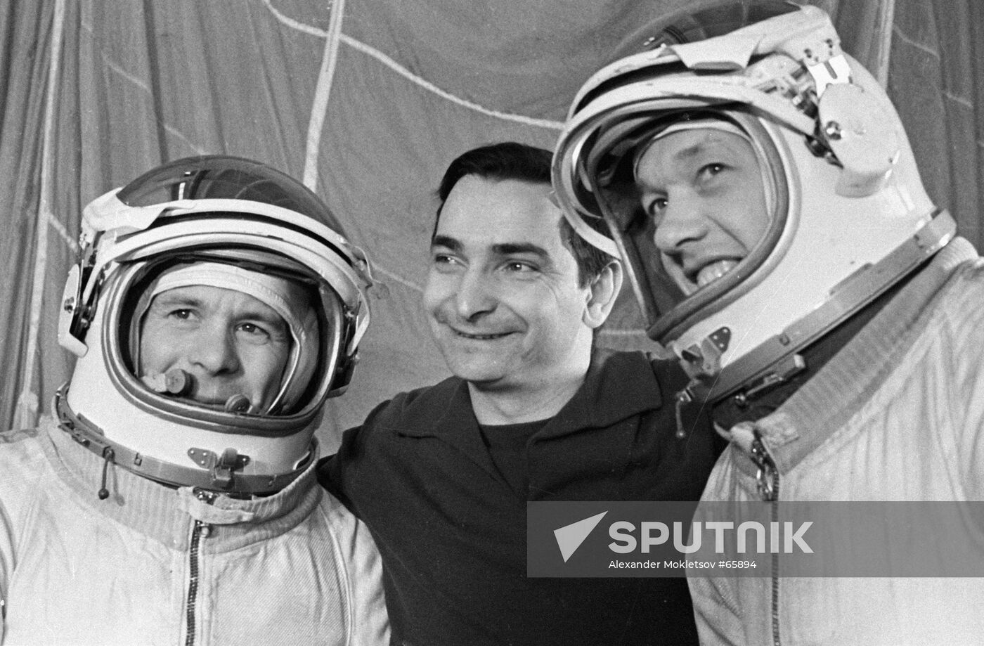 Space pilots Yevgeny Khrunov, Valery Bykovsky and Alexei Yeliseev
