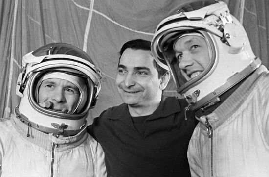 Space pilots Yevgeny Khrunov, Valery Bykovsky and Alexei Yeliseev