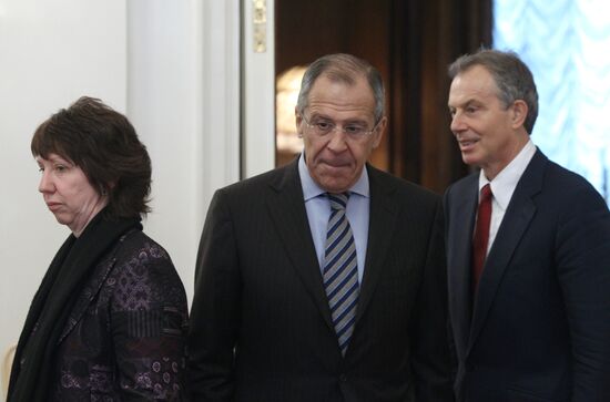 Catherine Ashton, Sergei Lavrov and Tony Blair