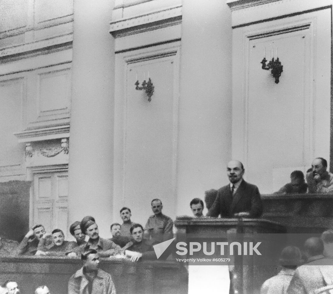 Vladimir Lenin speaking in meeting hall of Taurida Palace