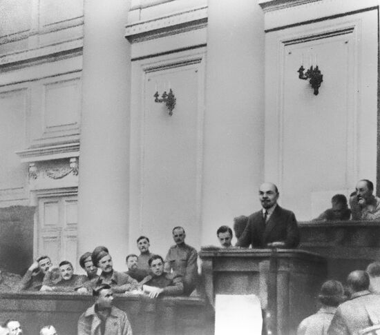 Vladimir Lenin speaking in meeting hall of Taurida Palace