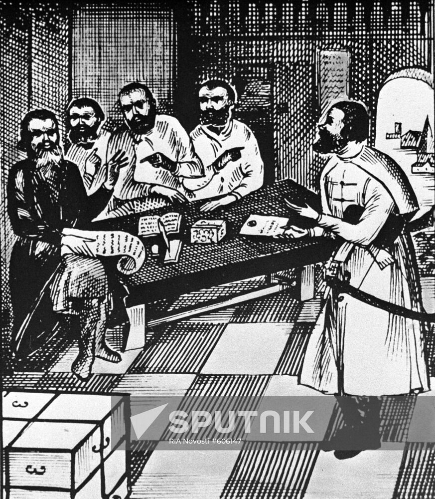 Scene in office. Reproduction of 17th century stamp