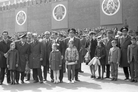 Soviet cosmonauts with children on Red Square during May 1 celebrations