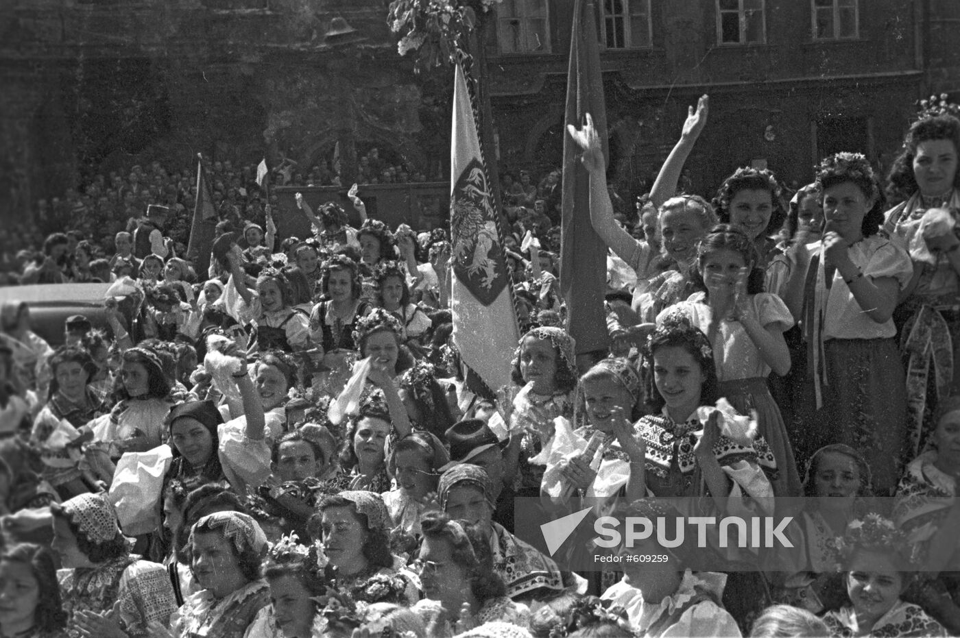 Residents of Prague welcoming Soviet liberator soldiers