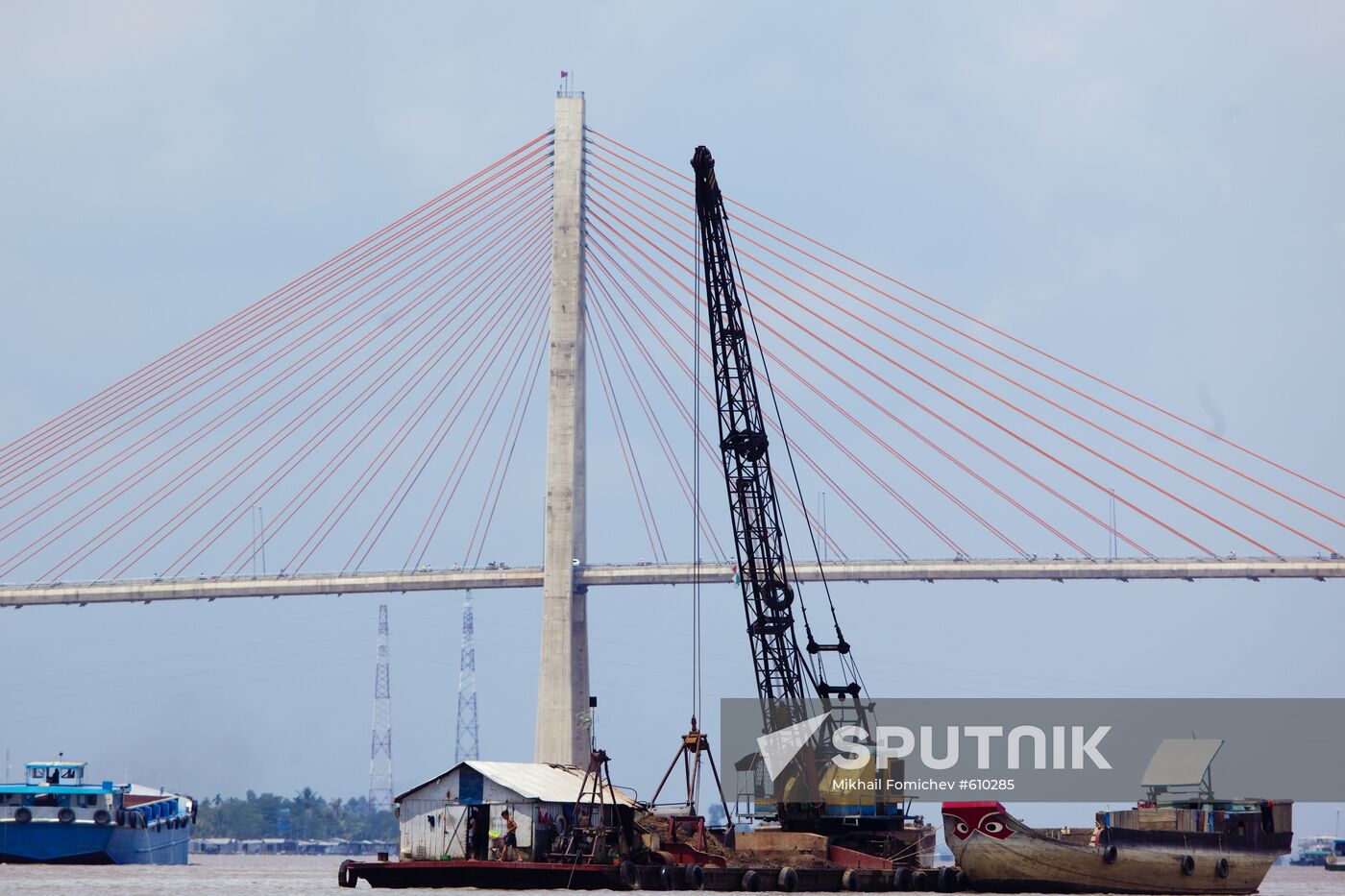 Pendant bridge being built over Mekong River in Ho Chi Minh