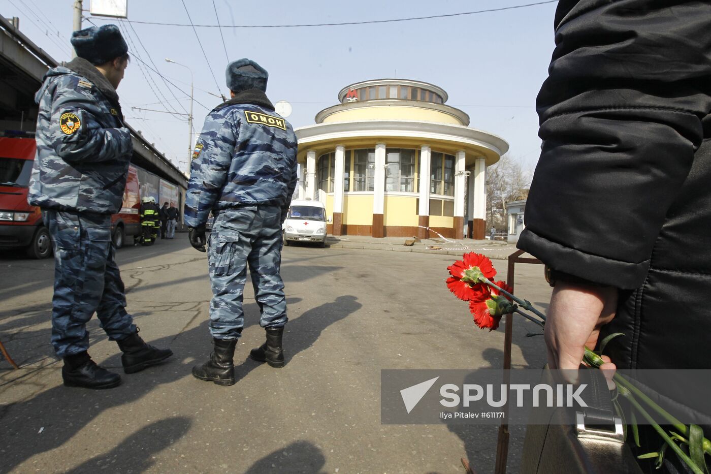 People bring flowers to Moscow's Park Kultury metro station