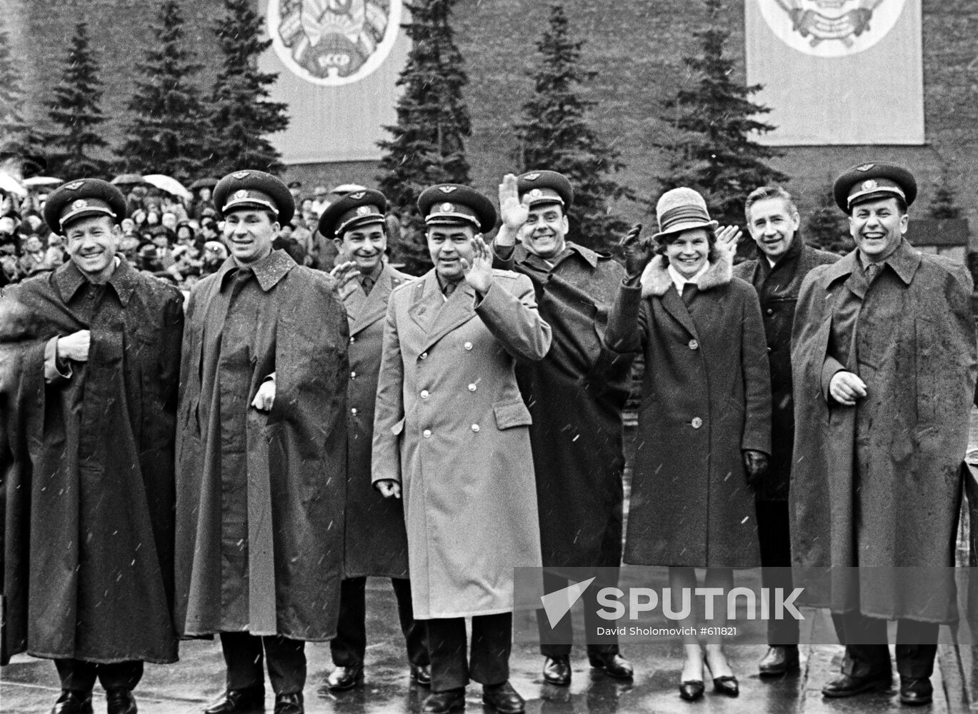 Pilot-cosmonauts Alexei Leonov, Valeri Bykovsky, Andrian Nikolayev, Valentina Tereshkova, Nikolayev, Konstantin Feoktistov and Pavel Popovich