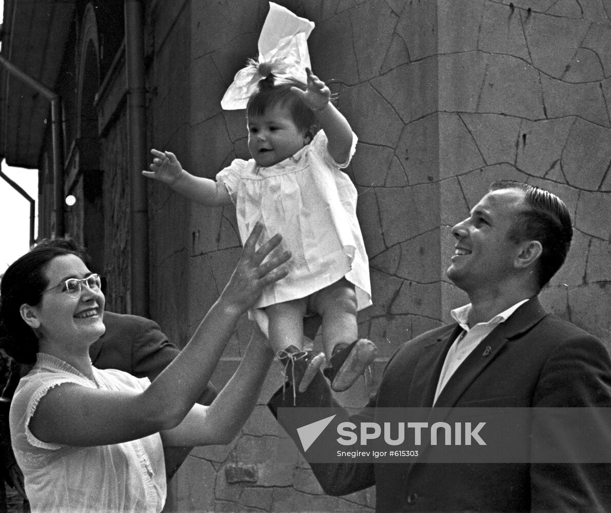 Yuri Gagarin with his wife Valentina and daughter Galina