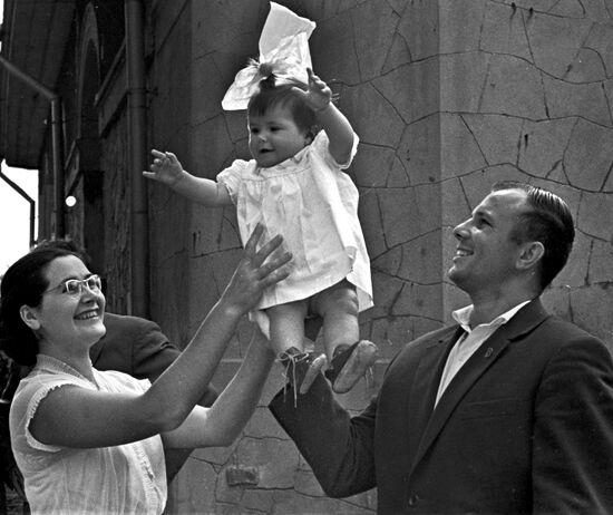 Yuri Gagarin with his wife Valentina and daughter Galina