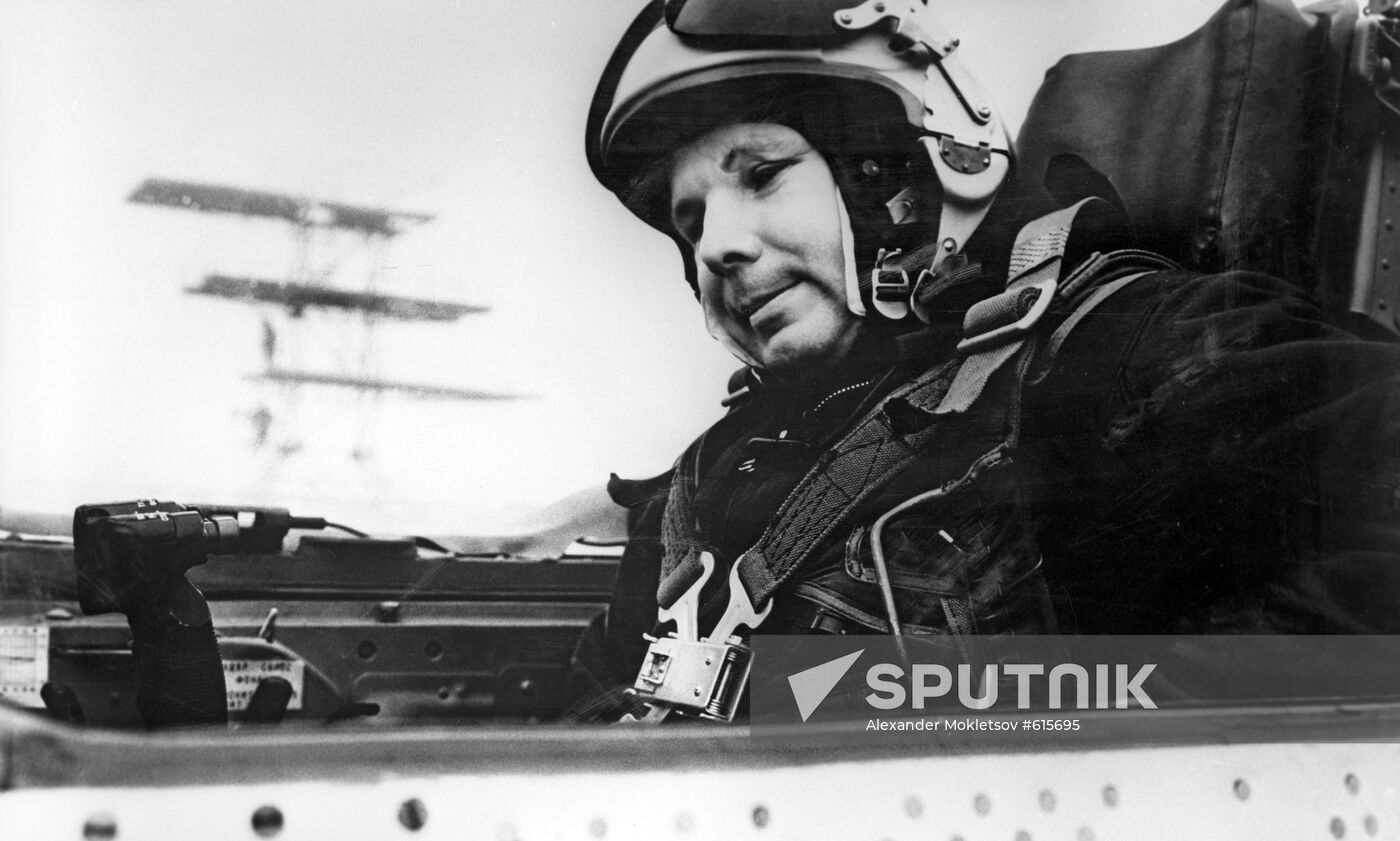 Yuri Gagarin in cabin of MIG-21 plane