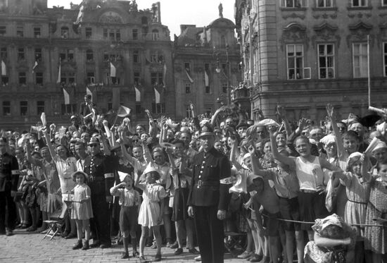 Prague people greeting Soviet soldiers-liberators