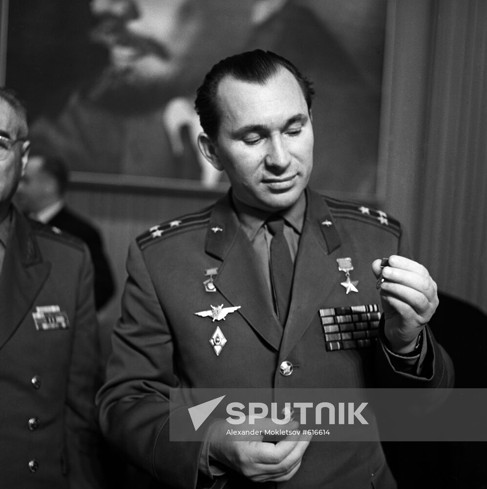 Soviet pilot-cosmonaut Pavel Belyaev with VDNK gold medal