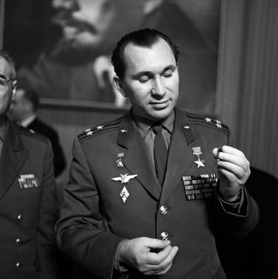 Soviet pilot-cosmonaut Pavel Belyaev with VDNK gold medal