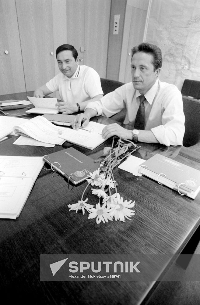 Cosmonauts Valery Bykovsky and Vladimir Aksyonov after training in spacecraft-simulator