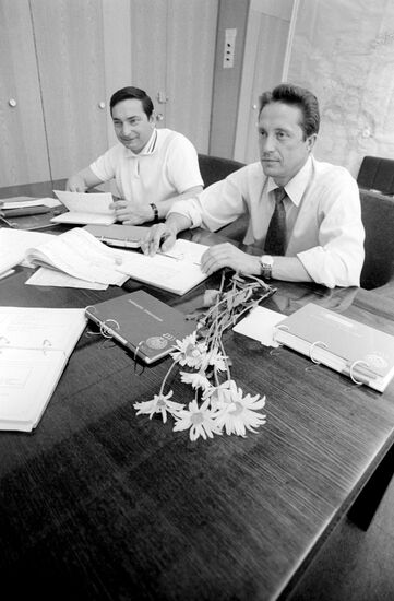 Cosmonauts Valery Bykovsky and Vladimir Aksyonov after training in spacecraft-simulator