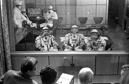 Leonid Kizim, Oleg Makarov and Gennadi Strekalov before blastoff