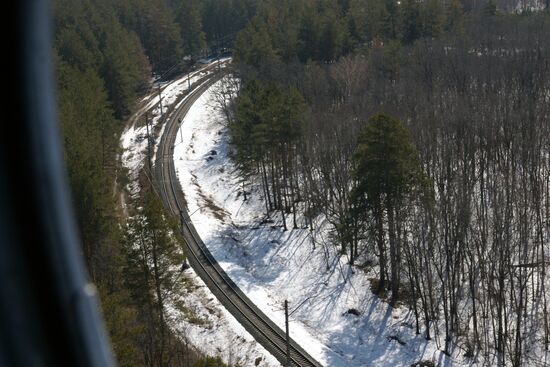 Police helicopter patrolling M-5 Ural federal highway