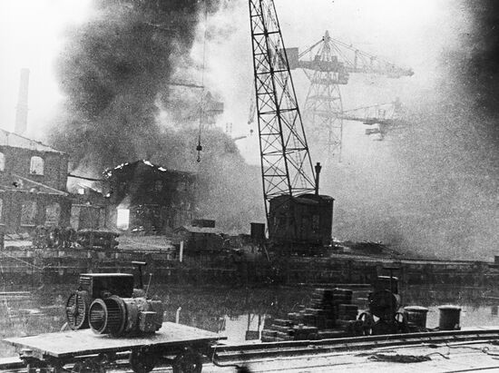 Burning port of Gdansk