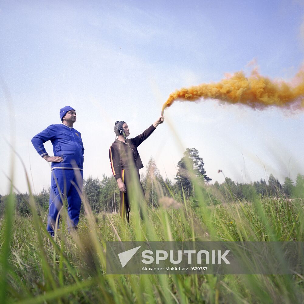 Yuri Gagarin Cosmonauts Training Center. International crew of Soyuz-31 spacecraft practicing landing