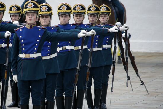 Infantry and cavalry honor guards on parade at Moscow Kremlin