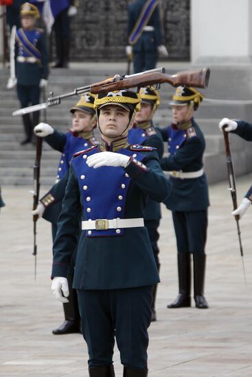 Infantry and cavalry honor guards on parade at Moscow Kremlin