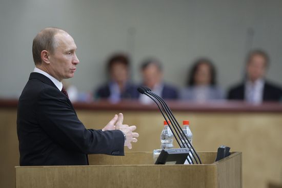 Russian Prime Minister Vladimir Putin at Duma meeting