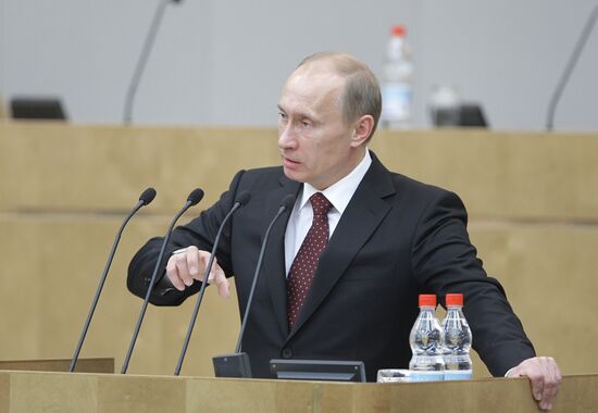 Russian Prime Minister Vladimir Putin at Duma meeting
