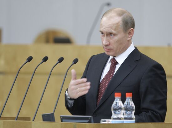 Russian Prime Minister Vladimir Putin at Duma meeting