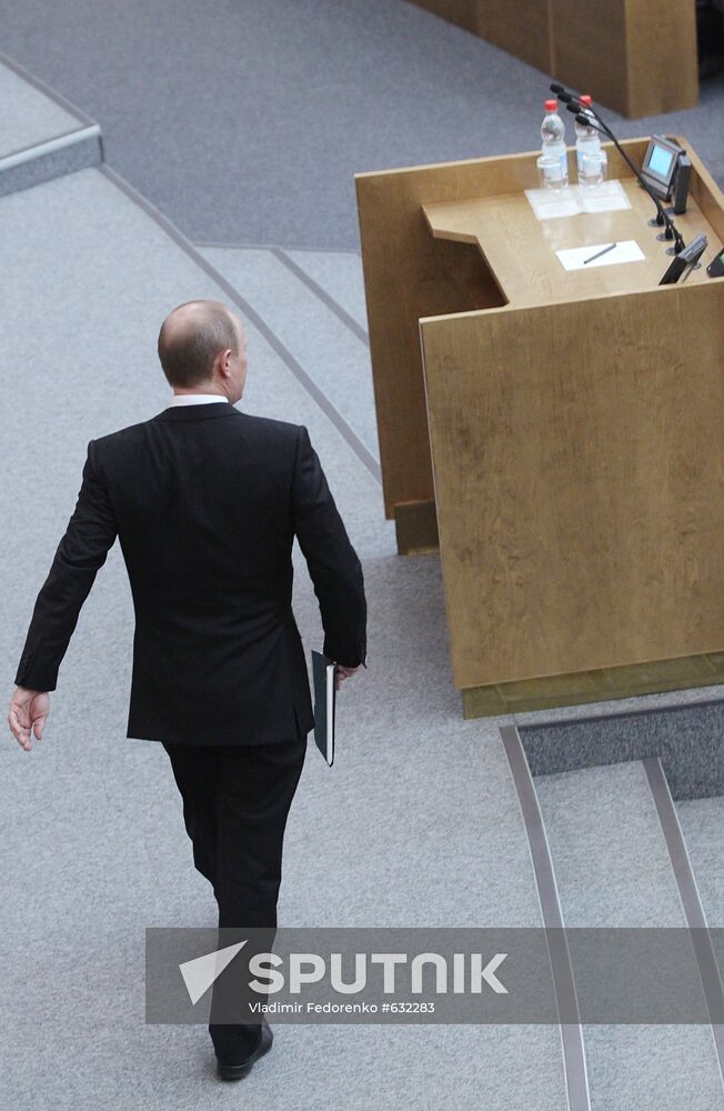 Russian Prime Minister Vladimir Putin at Duma meeting