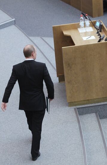 Russian Prime Minister Vladimir Putin at Duma meeting