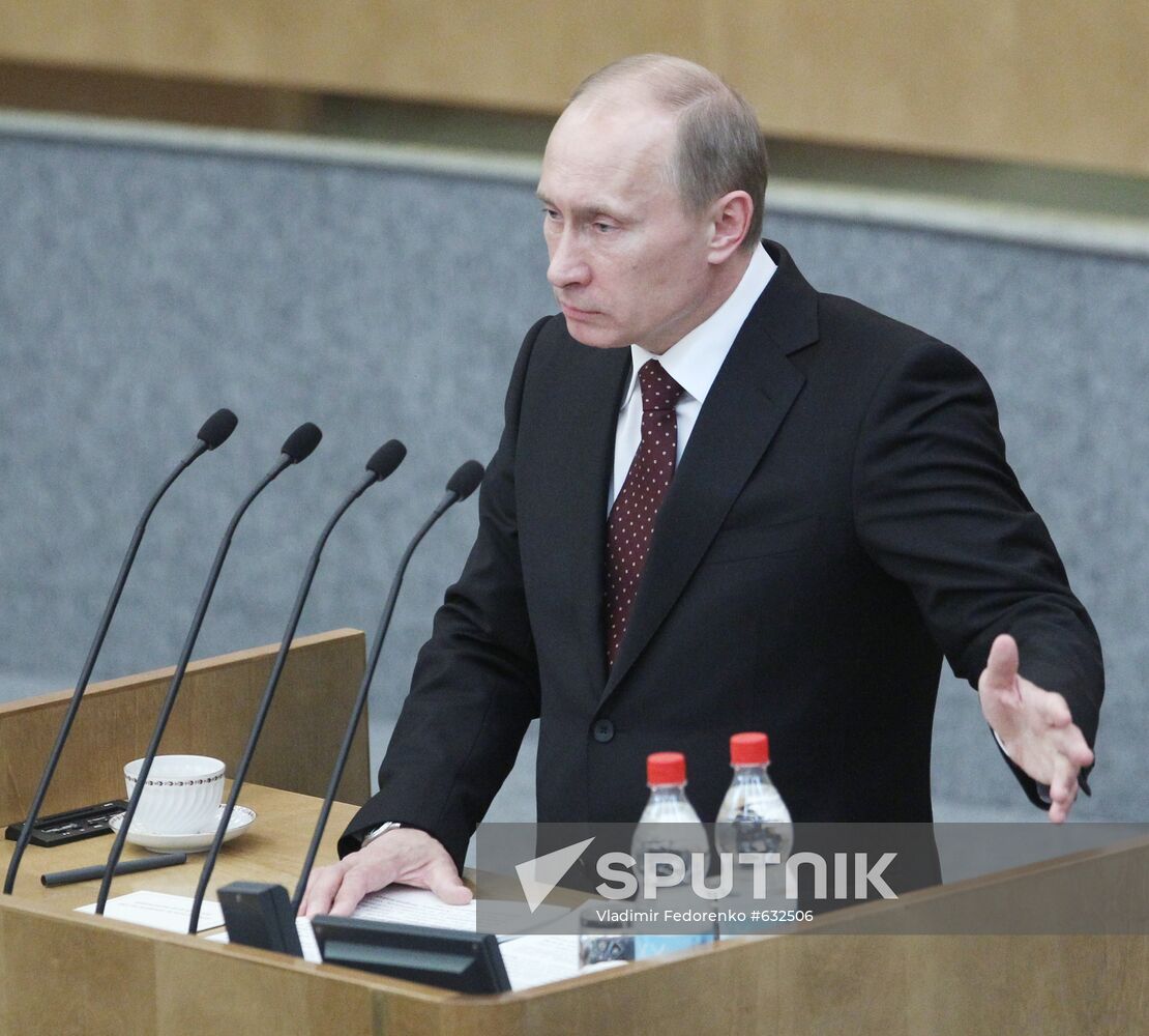 Russian Prime Minister Vladimir Putin at Duma meeting