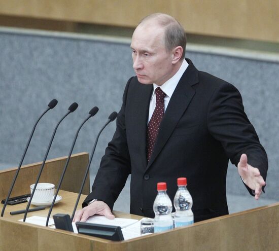 Russian Prime Minister Vladimir Putin at Duma meeting